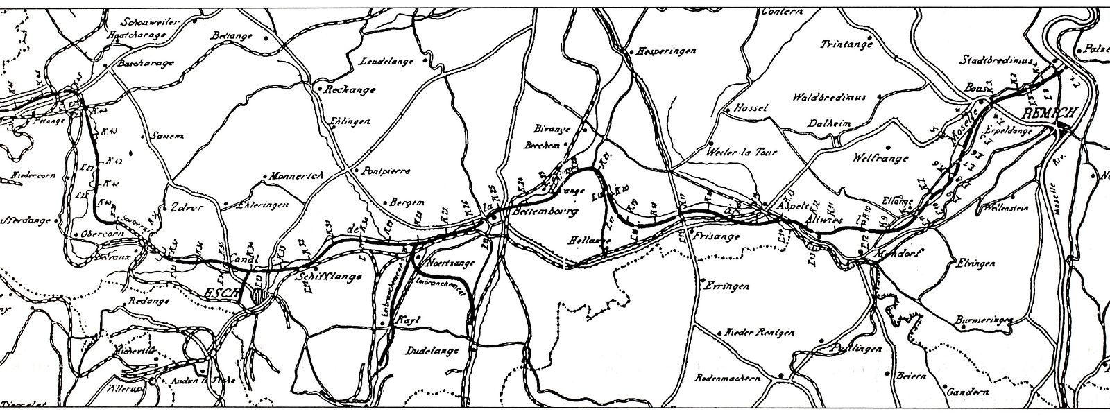 Der angedachte Verlauf des Kanals zwischen Rodange und Stadtbredimus.
