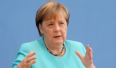 22.07.2021, Berlin: Bundeskanzlerin Angela Merkel (CDU) sitzt in der Bundespressekonferenz und stellt sich den Fragen der Hauptstadt-Journalisten. Es ist voraussichtlich ihr letzter Auftritt dieser Art. Traditionell beantwortet sie zum Beginn oder am Ende der Sommerpause Fragen zu allen Themenbereichen der deutschen und internationalen Politik. Foto: Wolfgang Kumm/dpa +++ dpa-Bildfunk +++