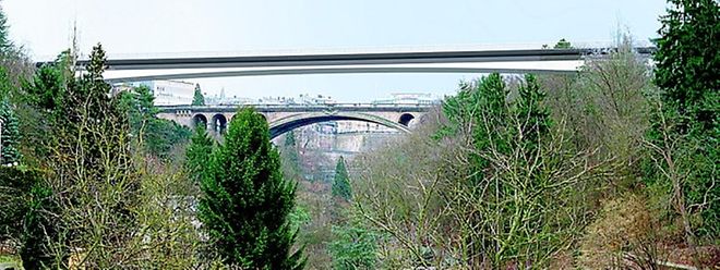 Während der Renovierung und Verbreiterung des Pont Adolphe (im Hintergrund) wird eine provisorische Brücke (vorne) die Oberstadt mit dem Bahnhofsviertel verbinden. Wie die provisorische Brücke genau aussehen wird, muss noch festgelegt werden – hier ein erster Entwurf aus dem Jahr 2007.