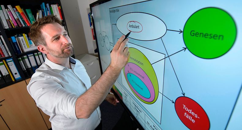 Thorsten Lehr, Saarbrücker Pharmazie-Professor vor einem Bildschirm mit einer von ihm entwickelten Simulation der Corona-Entwicklung.