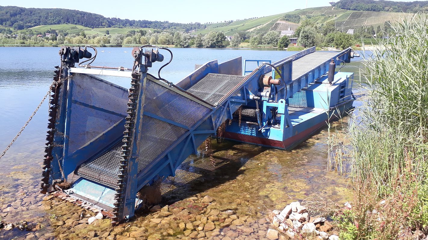 Barco com a máquina que corta as algas no grande lago.