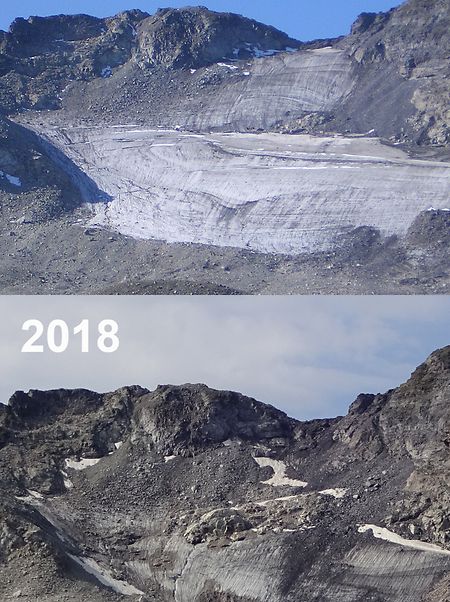 Die Entwicklung des Pizolgletschers zwischen den Jahren 2006 und 2018. 
