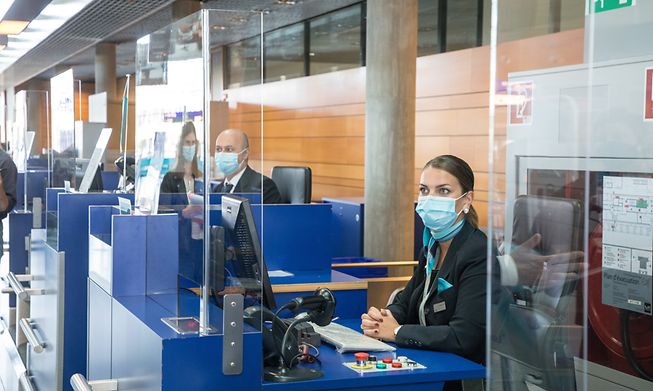 Luxair staff at Luxembourg airport during the 2020 Covid-19 pandemic