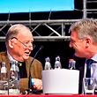 Reelected chairman of the Alternative for Germany (AfD) far-right party Joerg Meuthen talks with newly-elected co-chairman Alexander Gauland (L) during the congress of the party on December 3, 2017 in Hanover, northern Germany.
The far-right Alternative for Germany (AfD) elected a new leadership duo from its nationalist wing after the party's triumphant turnout in September's general election, as thousands staged street protests against the anti-immigrant, anti-Islam political force. / AFP PHOTO / Tobias SCHWARZ