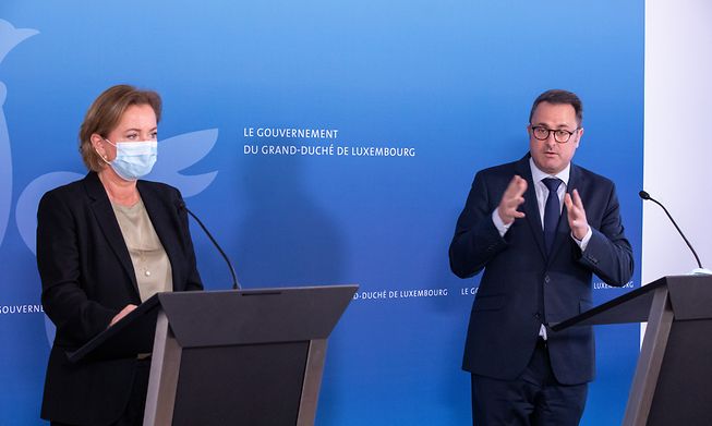 Luxembourg Prime Minister Xavier Bettel (right) with Health Minister Paulette Lenert at a previous press conference 