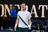 TOPSHOT - Britain's Andy Murray celebrates after victory against Australia's Thanasi Kokkinakis during their men's singles match on day four of the Australian Open tennis tournament in Melbourne on January 20, 2023. (Photo by WILLIAM WEST / AFP) / -- IMAGE RESTRICTED TO EDITORIAL USE - STRICTLY NO COMMERCIAL USE --