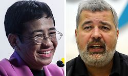 (FILES) This file combination of pictures created on October 08, 2021, shows Maria Ressa (L), co-founder and CEO of the Philippines-based news website Rappler, speaking at the Human Rights Press Awards at the Foreign Correspondents Club of Hong Kong on on May 16, 2019 and Dmitry Muratov, editor-in-Chief of Russia's main opposition newspaper Novaya Gazeta gestures as he speaks during a news conference in Moscow, on December 11, 2012. - The 2021 Nobel Peace Prize was awarded on October 8, 2021 to journalists Maria Ressa (Philippines) and Dmitry Muratov (Russia). (Photo by Isaac LAWRENCE / AFP)