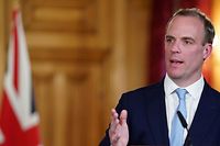 A handout image released by 10 Downing Street, shows Britain's Foreign Secretary Dominic Raab speaking during a remote press conference to update the nation on the COVID-19 pandemic, inside 10 Downing Street in central London on April 6, 2020. - More than 5,000 people who tested positive for coronavirus have now died in Britain, official figures showed Monday, with a latest daily toll of 439. "As of 5pm on 5 April, of those hospitalised in the UK who tested positive for coronavirus 5,373 have died," the health ministry said in a tweet. (Photo by Pippa FOWLES / 10 Downing Street / AFP) / RESTRICTED TO EDITORIAL USE - MANDATORY CREDIT "AFP PHOTO / 10 DOWNING STREET / PIPPA FOWLES" - NO MARKETING - NO ADVERTISING CAMPAIGNS - DISTRIBUTED AS A SERVICE TO CLIENTS