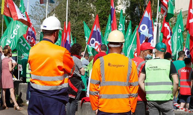 Several dozen people protested Friday outside the Liberty Steel plant in Dudelange