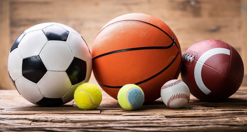 Different Sport Balls Arranged In Row Over Rough Wooden Plank