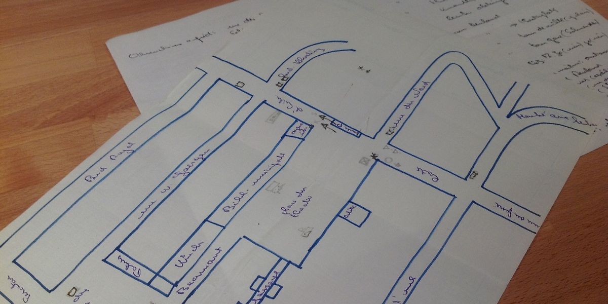So geheim war die Geldübergabe der „Bommeleeër“ an der Place du Théâtre: Der LW-Fotograf hatte sich 1985 die Stellungen der Zivilfahrzeuge und der Fahnder mit Knopf im Ohr in diesem Plan eingezeichnet.
