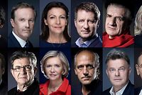 (FILES) This combination of file photographs created on March 7, 2022, shows, in alphabetical order, French presidential candidates (Top, L-R) LO spokesperson Nathalie Arthaud of "Lutte ouvriere" (LO); French Member of Parliament Nicolas Dupont-Aignan of "Debout la France" (DLF); Paris Mayor Anne Hidalgo of the "Socialist Party" (PS); Member of European Parliament Yannick Jadot of "Europe Ecology � Les Verts" (EELV); French Member of Parliament Jean Lassalle of "Resistons !"; French Member of Parliament Marine Le Pen of "Rassemblement National" (RN); (bottom, L-R) French President Emmanuel Macron of "La Republique en Marche (LREM); French Member of Parliament Jean-Luc Melenchon of "La France Insoumise" (LFI); Ile-de-France Regional Council President Valerie Pecresse of "Les Republicains"; Bordeaux Municipal and Metropolitan area Council member Philippe Poutou of the "Nouveau Parti Anticapitaliste" (NPA); PCF National Secretary and French Member of Parliament Fabien Roussel of the "French Communist Party" (PCF); and Reconquete! party leader Eric Zemmour of "Reconquete!". - French voters head to the polls in April 10, 2022 for a presidential election. (Photo by Jo�l SAGET and Eric Feferberg / AFP)