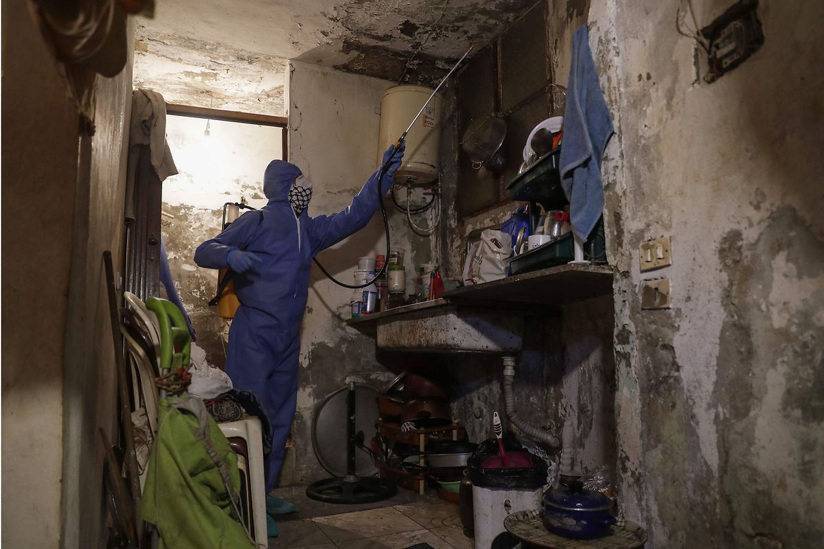 A volunteer disinfects a home in the Shatila camp for Palestinian refugees, on the outskirts of the Lebanese capital Beirut Photo: AFP