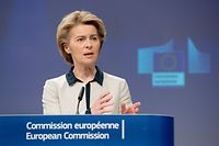 ARCHIV - 13.03.2020, Belgien, Brüssel: HANDOUT - EU-Kommissionspräsidentin Ursula von der Leyen spricht bei einer Pressekonferenz zur Corona-Krise. EU-Kommissionspräsidentin Ursula von der Leyen hat einen europäischen Plan für Kurzarbeitergeld in der Corona-Krise angekündigt. (Zu dpa «Von der Leyen kündigt europäischen Plan für Kurzarbeitergeld an») Foto: Etienne Ansotte/Europäische Kommission/dpa - ACHTUNG: Nur zur redaktionellen Verwendung und nur mit vollständiger Nennung des vorstehenden Credits +++ dpa-Bildfunk +++