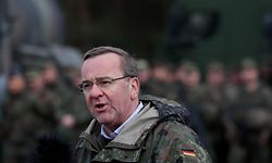 German Defence Minister Boris Pistorius gives a statement during his visit of troops of the German armed forces Bundeswehr at a military training area in Mahlwinkel near Magdeburg, eastern Germany, on March 16, 2023. (Photo by Ronny Hartmann / AFP)
