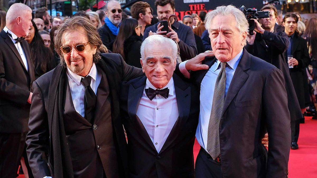 Da esquerda para a direita, Al Pacino, Martin Scorsese e Robert De Niro na estreia internacional do filme, em Londres em outubro de 2019.