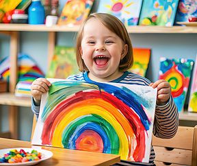 Joyful child with Down syndrome smiling brightly, holding a colorful painting, surrounded by art supplies and celebrating creativity and individuality.
