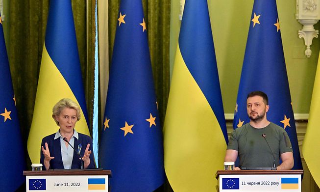Ukrainian President Volodymyr Zelensky and European Commission President Ursula von der Leyen meeting in Kyiv earlier in June