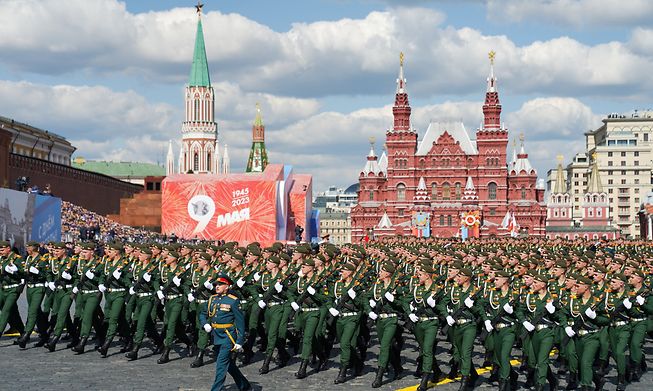 Servicemen march on Red Square during the Victory Day military parade in central Moscow on 9 May 2023