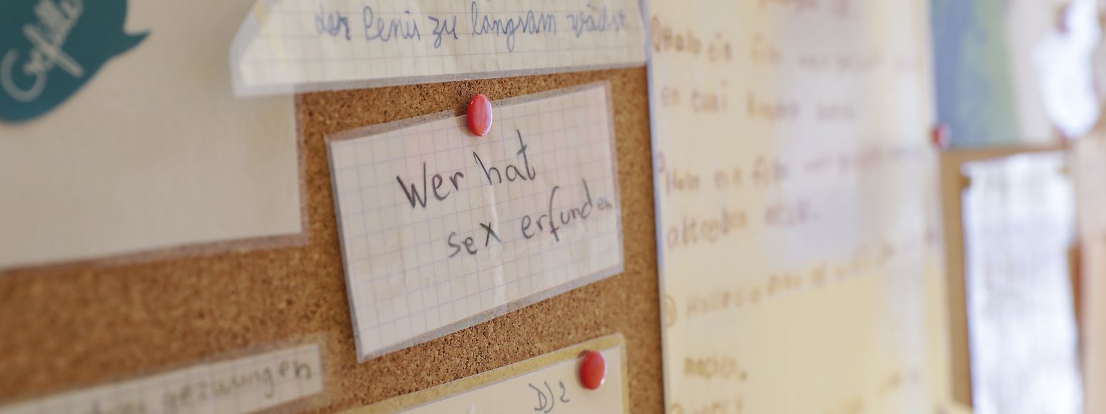 An einer Pinnwand im Centre Planning familial in Luxemburg-Stadt sind Zettel mit Fragen von Schülern zum Thema Sexualität zu finden.
