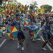 Brazilian Frevo dancers perform during the traditional Galo da Madrugada (Dawn Rooster) carnival parade along the streets of Sao Paulo, Brazil, on February 25, 2020. (Photo by NELSON ALMEIDA / AFP)