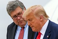 (FILES) In this file photo taken on September 1, 2020, US President Donald Trump (R) and US Attorney General William Barr step off Air Force One upon arrival at Andrews Air Force Base in Maryland. - Barr said on December 1, 2020, that the Justice Department has found no evidence of voter fraud significant enough to reverse Democrat Joe Biden's defeat of President Donald Trump in the November 3 election. (Photo by MANDEL NGAN / AFP)