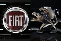 (COMBO) This combination of file pictures created on October 31, 2019 shows the logo of Italian auto maker Fiat (L) in a cars dealer on January 12, 2017 in Saluzzo, near Turin, and the Peugeot logo pictured at the 2014 Paris Auto Show on October 3, 2014 in Paris. - French carmaker PSA and US-Italian rival Fiat Chrysler have signed an agreement to create the world's fourth largest automaker, they said in a joint statement on December 12, 2019. (Photos by MARCO BERTORELLO and Jo l SAGET / AFP)