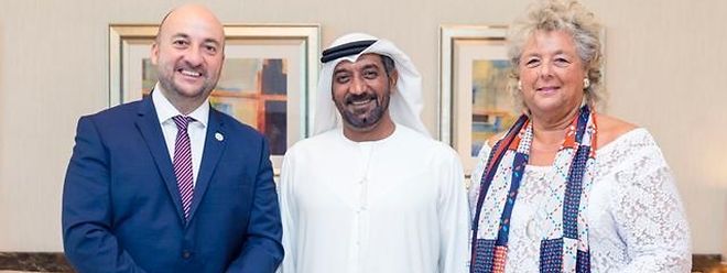 Wirtschaftsminister Etienne Schneider, Scheich Ahmed Bin Saeed Al Maktoum und die für die Expo-Teilnahme zuständige Kommissarin Maggy Nagel.
