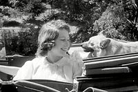 Die junge Prinzessin Elizabeth im Jahr 1941 mit ihrem ersten Corgi Dookie auf dem Anwesen von Schloss Windsor.