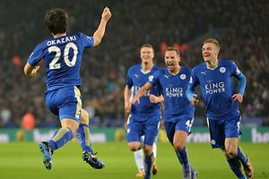 Leicester City's Japanese footballer Shinji Okazaki (L) celebrates after scoring his team's first goal during the English Premier League football match between Leicester City and Newcastle at King Power Stadium in Leicester, central England on March 14, 2016. / AFP PHOTO / PAUL ELLIS / RESTRICTED TO EDITORIAL USE. No use with unauthorized audio, video, data, fixture lists, club/league logos or 'live' services. Online in-match use limited to 75 images, no video emulation. No use in betting, games or single club/league/player publications. / 