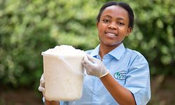  Jovia Kisaakye, eine der Gründerinnen von Sparkle Agro Brands, hält einen Eimer fermentierter saurer Milch, aus der die Firma Mückenschutzcreme herstellt. 