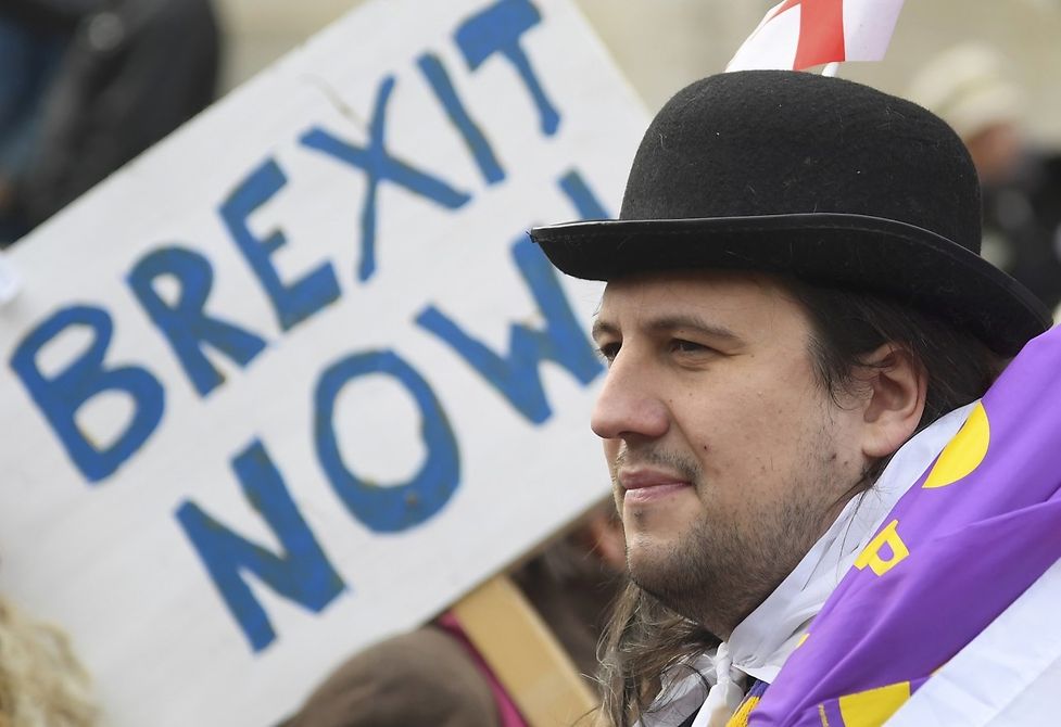 Demonstrators supporting Brexit outside of the Houses of Parliament in London