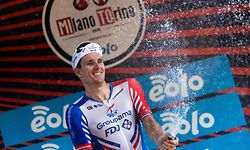 France's Arnaud Demare of FDJ celebrates on the podium after winning the 101st edition of the one-day classic cycling race MilanoñTorino in Turin on August 5, 2020 between Mesero, west of Milan, and Stupinigi, south of Turin. (Photo by MARCO BERTORELLO / AFP)