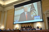 Former President Donald Trump appears on screen during the fourth hearing by the House Select Committee to Investigate the January 6th Attack on the US Capitol in the Cannon House Office Building on June 21, 2022 in Washington, DC. (Photo by MANDEL NGAN / AFP)