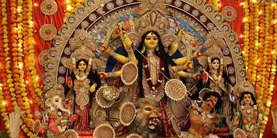 The many-armed Goddess Durga brought peace and prosperity to the universe, according to Hindu mythology