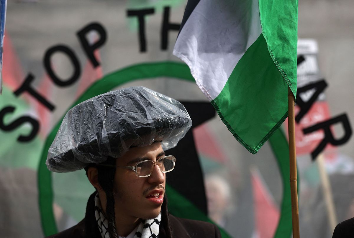 Demonstrators protest on Whitehall, following a visit by Israel's Prime Minister Benjamin Netanyahu to meet with Britain's Prime Minister Rishi Sunak at Downing Street in central London on 24 March, 2023