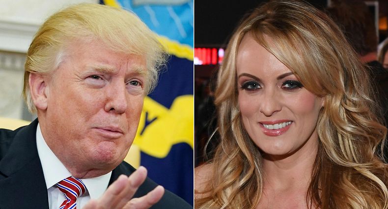 (COMBO) This combination of file pictures created on February 14, 2018, shows US President Donald Trump responding to a reporter's question in the Oval Office of the White House in Washington, DC, and adult film actress/director Stormy Daniels attending the 2018 Adult Video News Awards at the Hard Rock Hotel & Casino January 27, 2018 in Las Vegas, Nevada. - Stormy Daniels is a onetime porn star who has approached her growing role in US political history with character and wit -- though her feud with Donald Trump has come with a price. The adult film actress has done battle with the former president for several years, alleging in 2018 that the two had a sexual relationship the long-ago summer of 2006. (Photo by MANDEL NGAN and Ethan Miller / various sources / AFP)