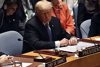 US President Donald Trump attends the United Nations Security Council briefing on counterproliferation at the United Nations in New York on the second day of the UN General Assembly September 26, 2018. (Photo by Nicholas Kamm / AFP)