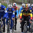 Belgian champion Yves Lampaert of Deceuninck - Quick-Step (R) and teammates ride during a route reconnaissance of the 74th edition of the one-day cycling race Omloop Het Nieuwsblad in Ghent on February 28, 2019, ahead of the race on March 2, which marks the start of the Belgian cycling calendar. (Photo by DAVID STOCKMAN / BELGA / AFP) / Belgium OUT