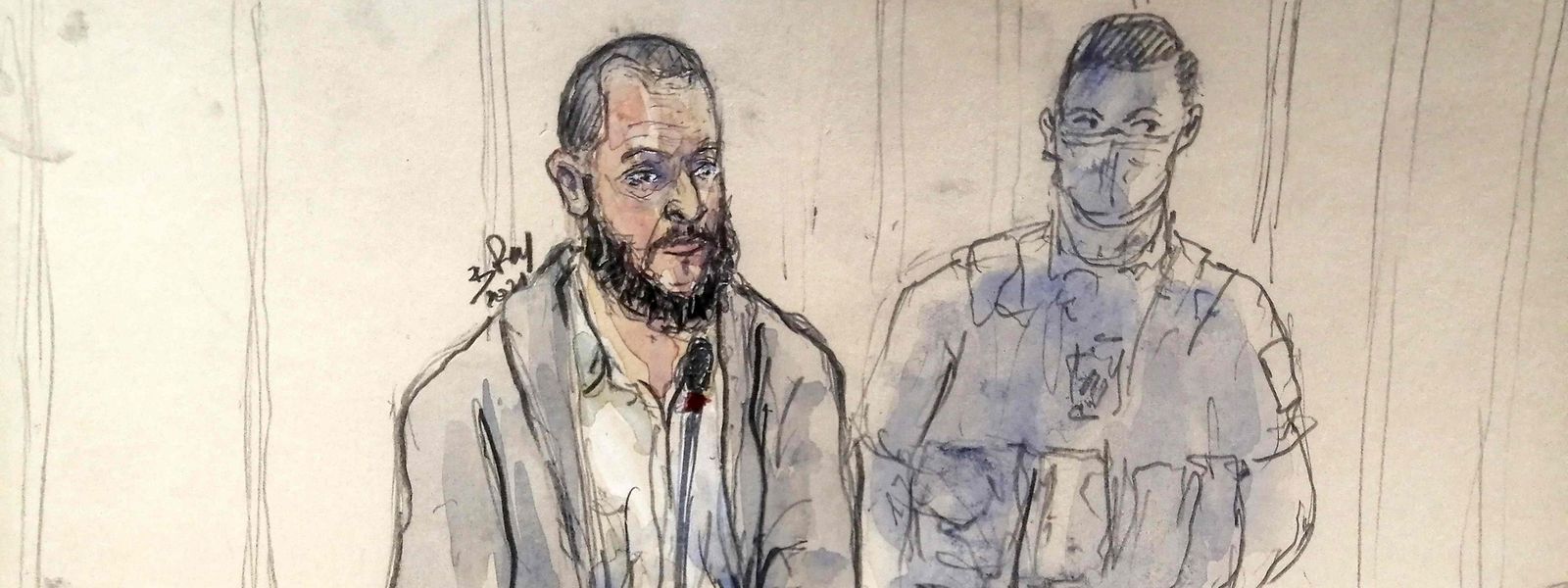 Gerichtszeichnung von Salah Abdeslam (l.), dem Hauptverdächtigen der Pariser Anschläge vom 13. November 2015.