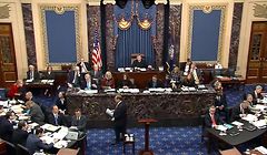 This still image from a US Senate webcast on January 23, 2020, shows House Manager Jerry Nadler (C, bottoms) ends his speech on the floor of the US Senate Chamber at the US Capitol during the impeachment trial of US President Donald Trump presided by US Supreme Curt Chief Justice John Roberts (C, seated) in Washington, DC. - Democrats accused Trump at his historic Senate impeachment trial of seeking to cheat to ensure re-election in November, and called for "courage" by the president's fellow Republicans while considering the case against him. (Photo by HO / US Senate TV / AFP) / RESTRICTED TO EDITORIAL USE - MANDATORY CREDIT "AFP PHOTO / US SENATE TV" - NO MARKETING - NO ADVERTISING CAMPAIGNS - DISTRIBUTED AS A SERVICE TO CLIENTS