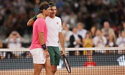 CAPE TOWN, SOUTH AFRICA - FEBRUARY 8 : Roger Federer (R) of Switzerland and Rafael Nadal (L) of Spain play a tennis match at Cape Town Stadium as part of an exhibition game held to support the education of African children, on February 8, 2020 in Cape Town, South Africa. (Photo by Stringer/Anadolu Agency via Getty Images)