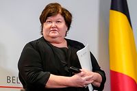 Belgian Minister of Health, Social Affairs, Asylum Policy and Migration Maggie De Block attends a press conference after a Minister's council of the Federal Government, on March 20, 2020 in Brussels, on the support plans for economic and social consequences of the COVID-19 pandemic caused by the novel cronavirus. (Photo by Daina LE LARDIC / BELGA / AFP) / Belgium OUT