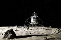 L'engin d'ispace qui se posera sur la Lune et sur son pied, à gauche, un des rovers qu'il embarquera pour aller mesurer la qualité de l'eau