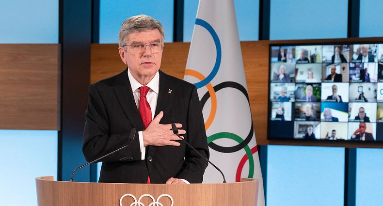 This handout picture taken and released on March 10, 2021 by the International Olympic Committee shows IOC president Thomas Bach speaking after being re-elected during the 137th IOC Session held virtually in Lausanne. - Thomas Bach was on March 10, 2021 re-elected as president of the International Olympic Committee (IOC) for a final four-year term. Bach received unanimous backing in the election in which he was the sole candidate, with 93 of the 94 valid votes from IOC members in favour of his re-election. (Photo by Greg MARTIN / OIS/IOC / AFP) / RESTRICTED TO EDITORIAL USE - MANDATORY CREDIT "AFP PHOTO / IOC / GREG MARTIN" - NO MARKETING NO ADVERTISING CAMPAIGNS - DISTRIBUTED AS A SERVICE TO CLIENTS