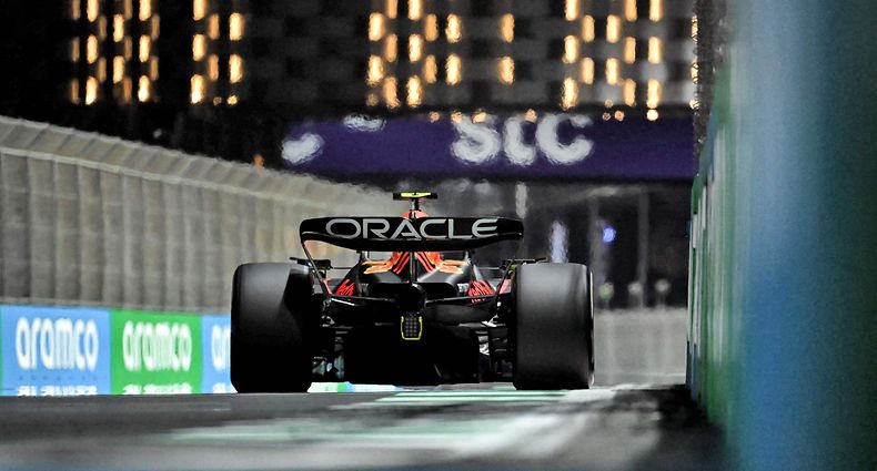 Red Bull Racing's Mexican driver Sergio Perez competes during the Saudi Arabia Formula One Grand Prix at the Jeddah Corniche Circuit in Jeddah on March 19, 2023. (Photo by Ben Stansall / AFP)