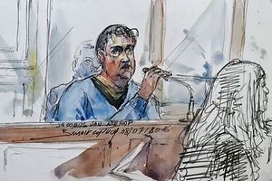 A courtroom sketch made on March 8, 2016, shows Dutch Jacobus Marinus Van Nierop dubbed as "The dentist of the horror" attending his trial at the Nevers courthouse, central France. The trial of Jacobus Marinus Van Nierop after allegedly mutilating the mouths of more than 100 patients in France opened on March 8. Jacobus Marinus Van Nierop, 51, ripped out healthy teeth and left dozens of patients in a remote French village with broken jaws, recurrent abscesses and septicaemia. / AFP / BENOIT PEYRUCQ