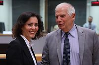 New Belgian Foreign Minister Hadja Lahbib (L) talks with European Union High Representative for Foreign Affairs and Security Policy Josep Borrell Fontelles (R) before a meeting of EU foreign ministers at the European Council in Brussels, on July 18, 2022, (Photo by Fran�ois WALSCHAERTS / AFP)