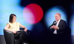 09 June 2022, Berlin: German Chancellor Olaf Scholz (SPD) talks with Linda Zervakis, journalist, moderator and author, at re:publica 2022 about digital policy in the changing times. This year, the International Digital Society Conference will be held under the motto "Any Way the Wind Blows" in the Arena and the Festsaal Kreuzberg. Photo: Annette Riedl/dpa (Photo by Annette Riedl/picture alliance via Getty Images)