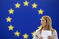 European Parliament President Roberta Metsola delivers a speech at the opening session of the European Parliament in Strasbourg, eastern France, on December 12, 2022. (Photo by FREDERICK FLORIN / AFP)